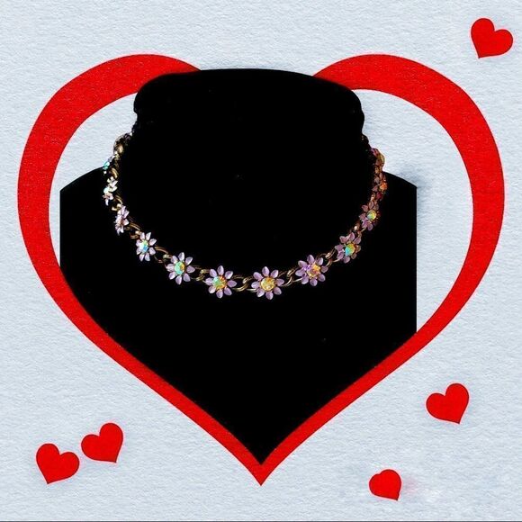 Vintage enamel lavender metal flower ab crystal  floral link necklace 15” - Picture 2 of 14